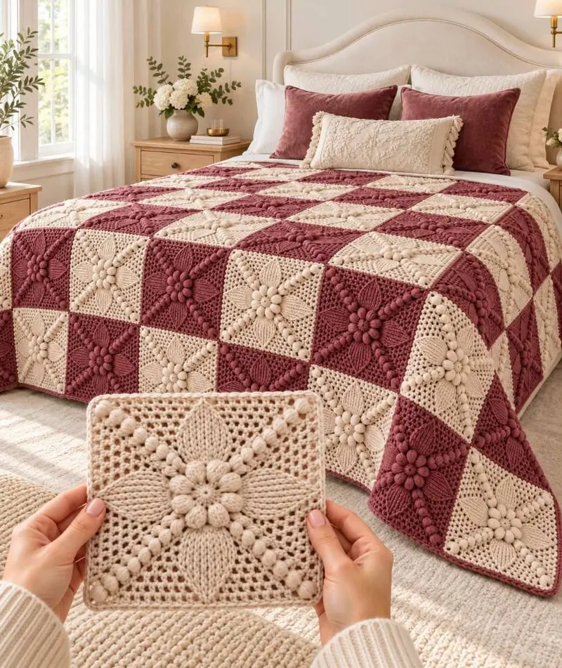 Rosewood Popcorn Bloom: Free Popcorn Stitch Granny Square Pattern (Checkerboard Bedspread)